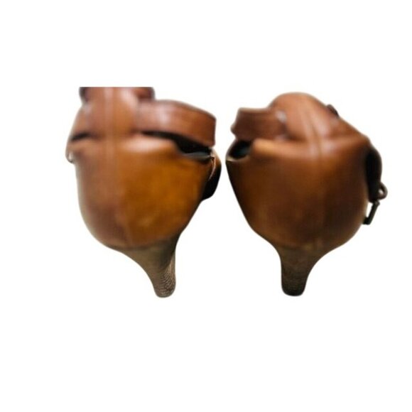 Lauren Ralph Lauren GoldenBrown Leather Peep Toe Adjust Strap Wedge Sandals 7.5 - Picture 8 of 8